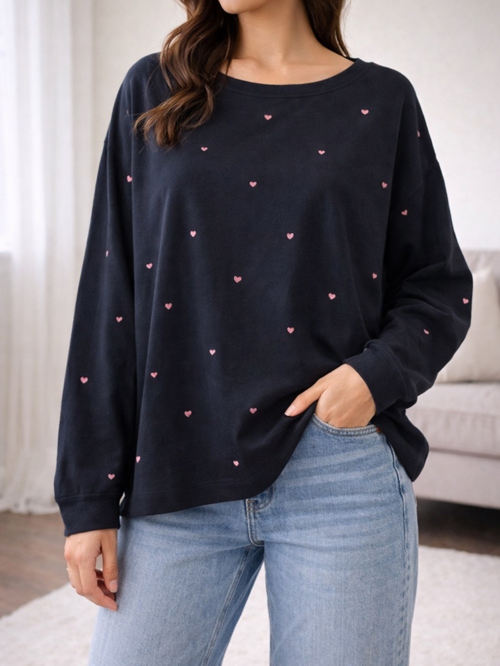 J. Jill Navy Blue Sweatshirt with Pink Heart Print